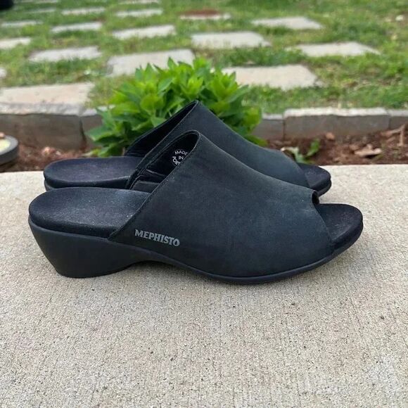 Mephisto Nubuck Leather Peep Toe Slide Wedge Shoes - Picture 4 of 14